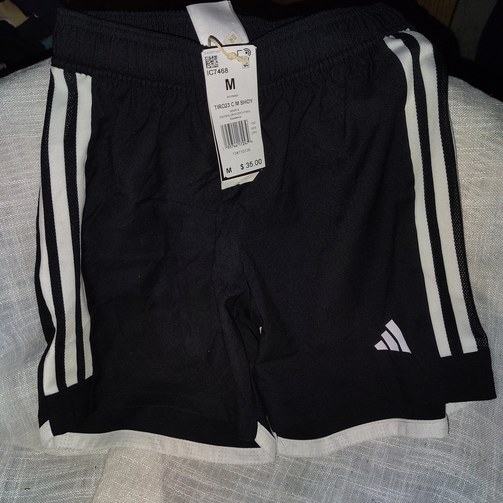 Adidas Kids Black Athletic Shorts with White Stripes - M
